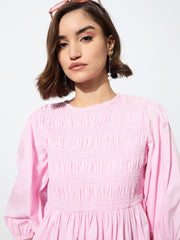Women Pink Poplin Smocked Gathered Dress-BADRSS12589