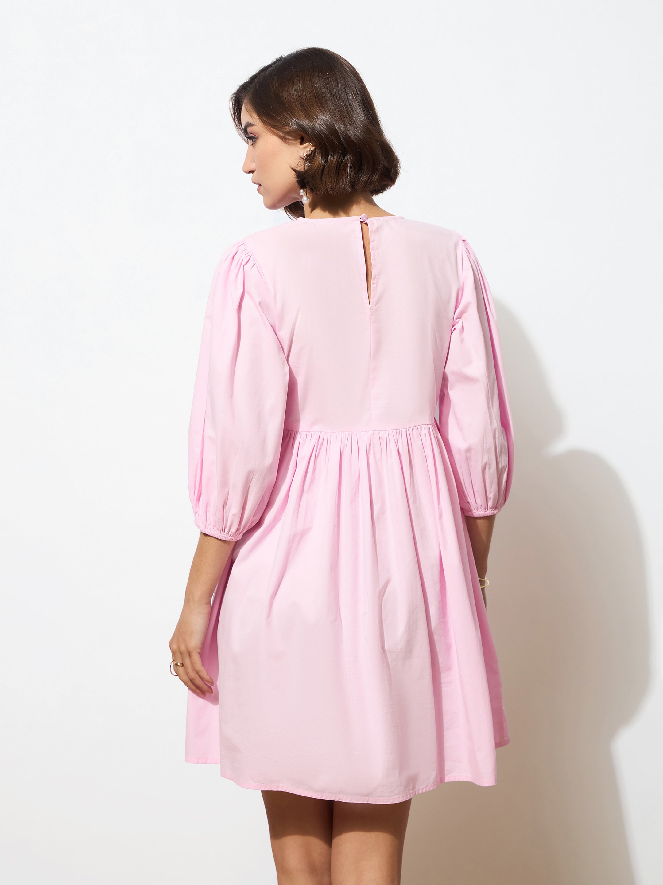 Women Pink Poplin Smocked Gathered Dress-BADRSS12589