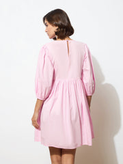 Women Pink Poplin Smocked Gathered Dress-BADRSS12589