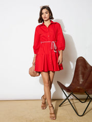 Women Red Poplin Short Skater Dori-Belt Dress-BADRSS12594