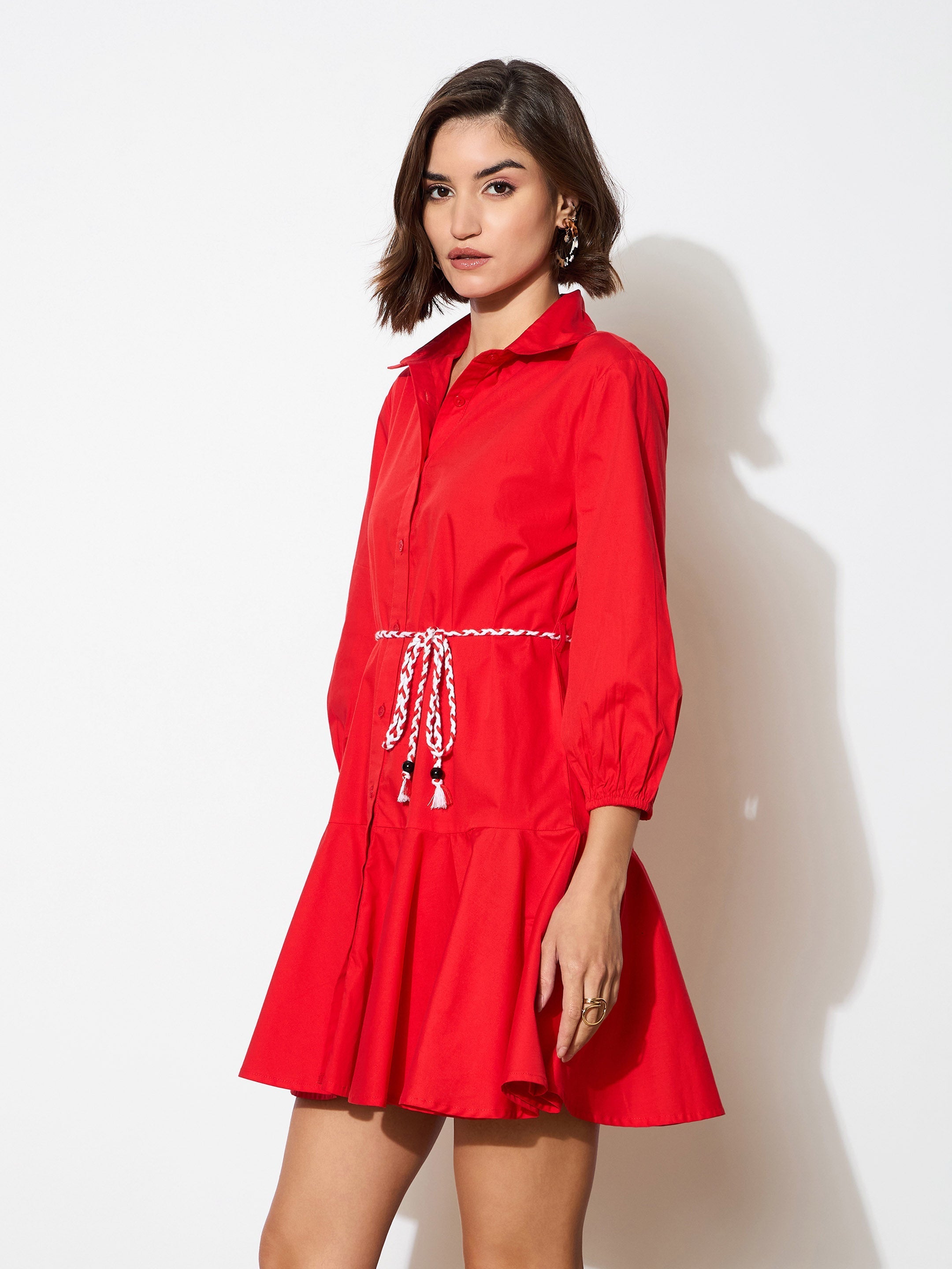 Women Red Poplin Short Skater Dori-Belt Dress-BADRSS12594