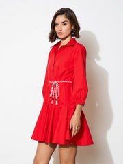 Women Red Poplin Short Skater Dori-Belt Dress-BADRSS12594