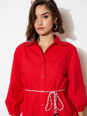 Women Red Poplin Short Skater Dori-Belt Dress-BADRSS12594