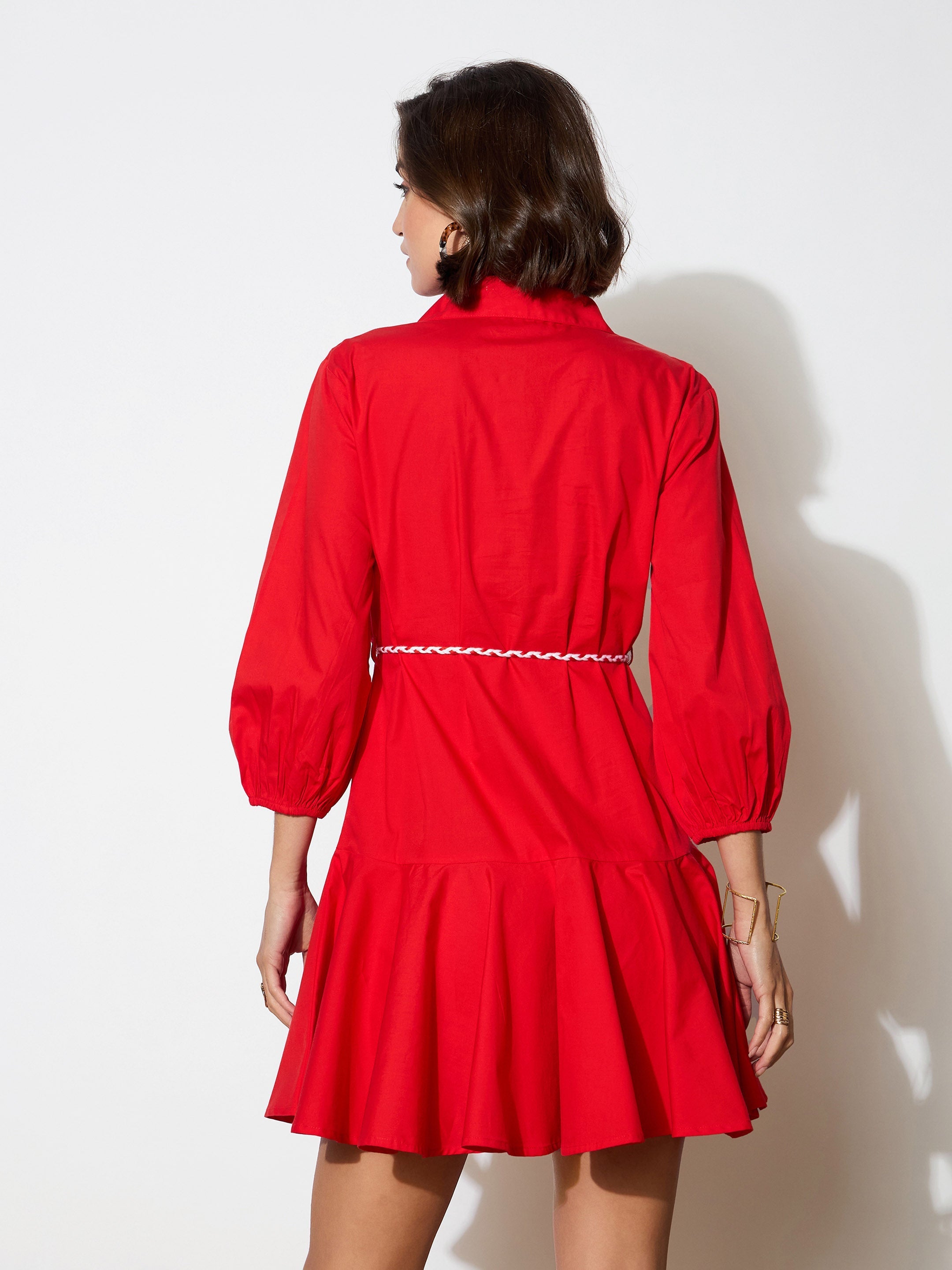 Women Red Poplin Short Skater Dori-Belt Dress-BADRSS12594
