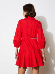 Women Red Poplin Short Skater Dori-Belt Dress-BADRSS12594