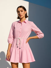 Women Pink Poplin Short Skater Dori-Belt Dress-BADRSS12595