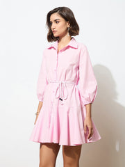 Women Pink Poplin Short Skater Dori-Belt Dress-BADRSS12595