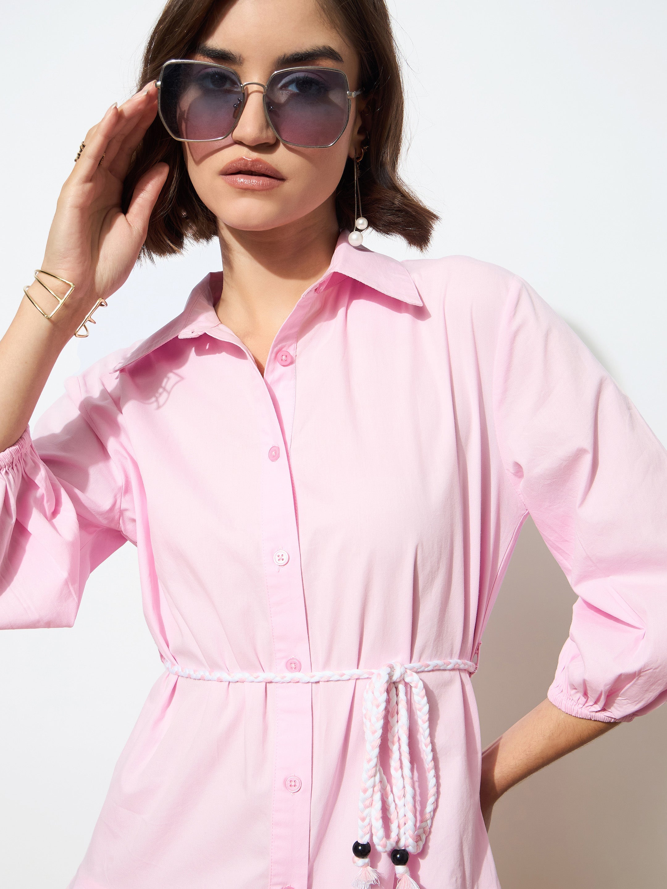 Women Pink Poplin Short Skater Dori-Belt Dress-BADRSS12595
