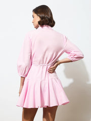 Women Pink Poplin Short Skater Dori-Belt Dress-BADRSS12595