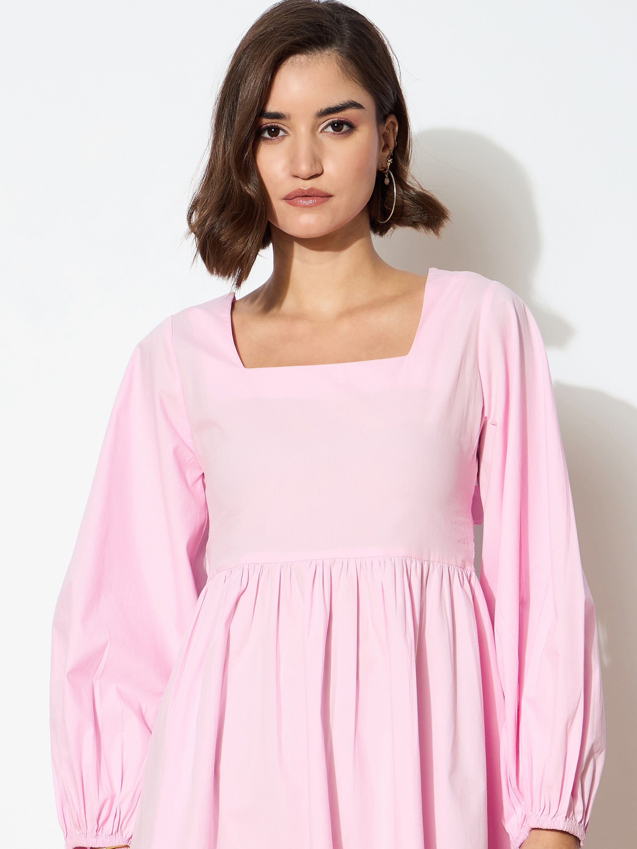 Women Pink Poplin Back Tie Knot Dress-BADRSS12599