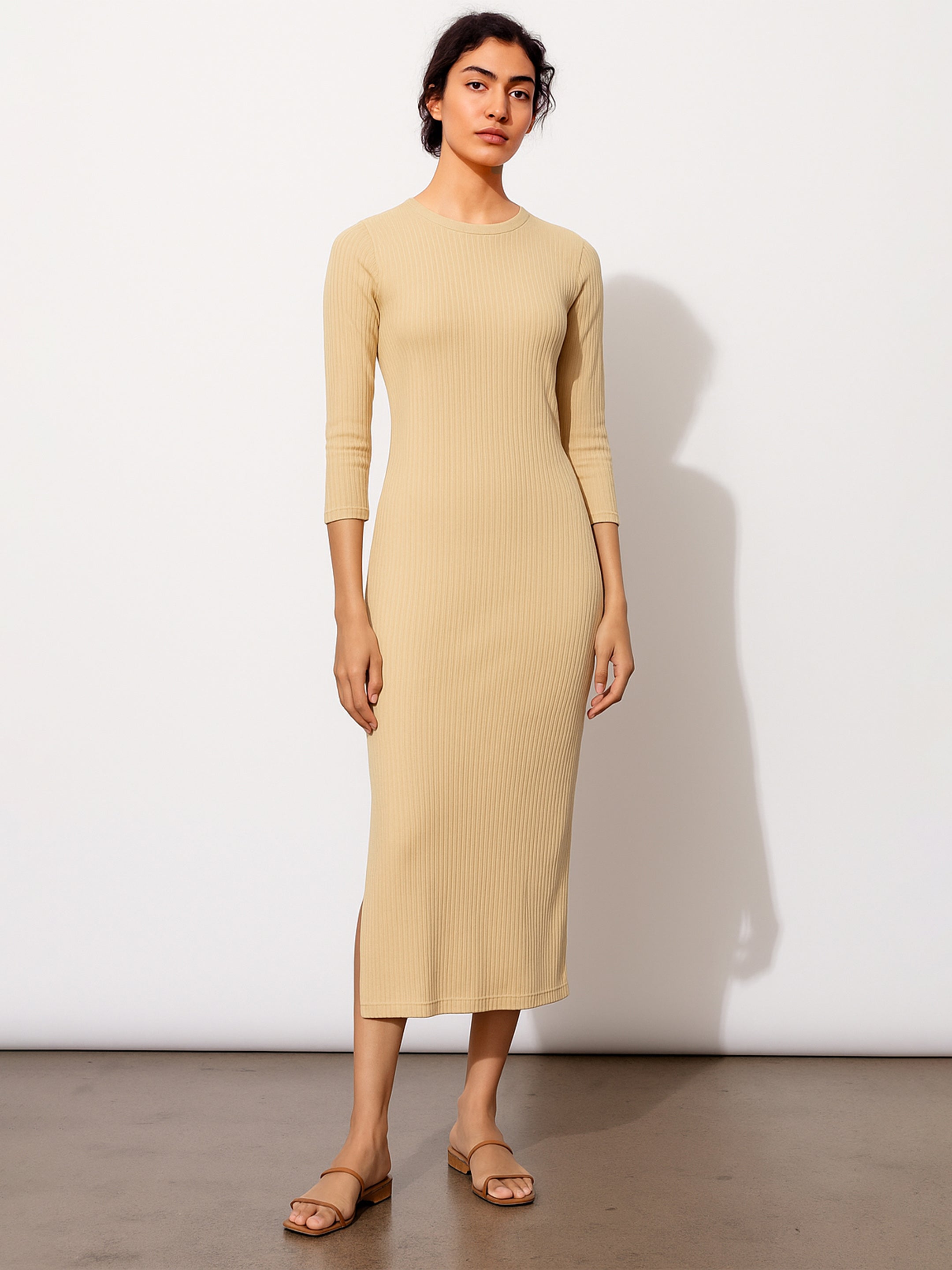 Women Beige Rib Mock Round Neck Midi Dress-BADRSS12619