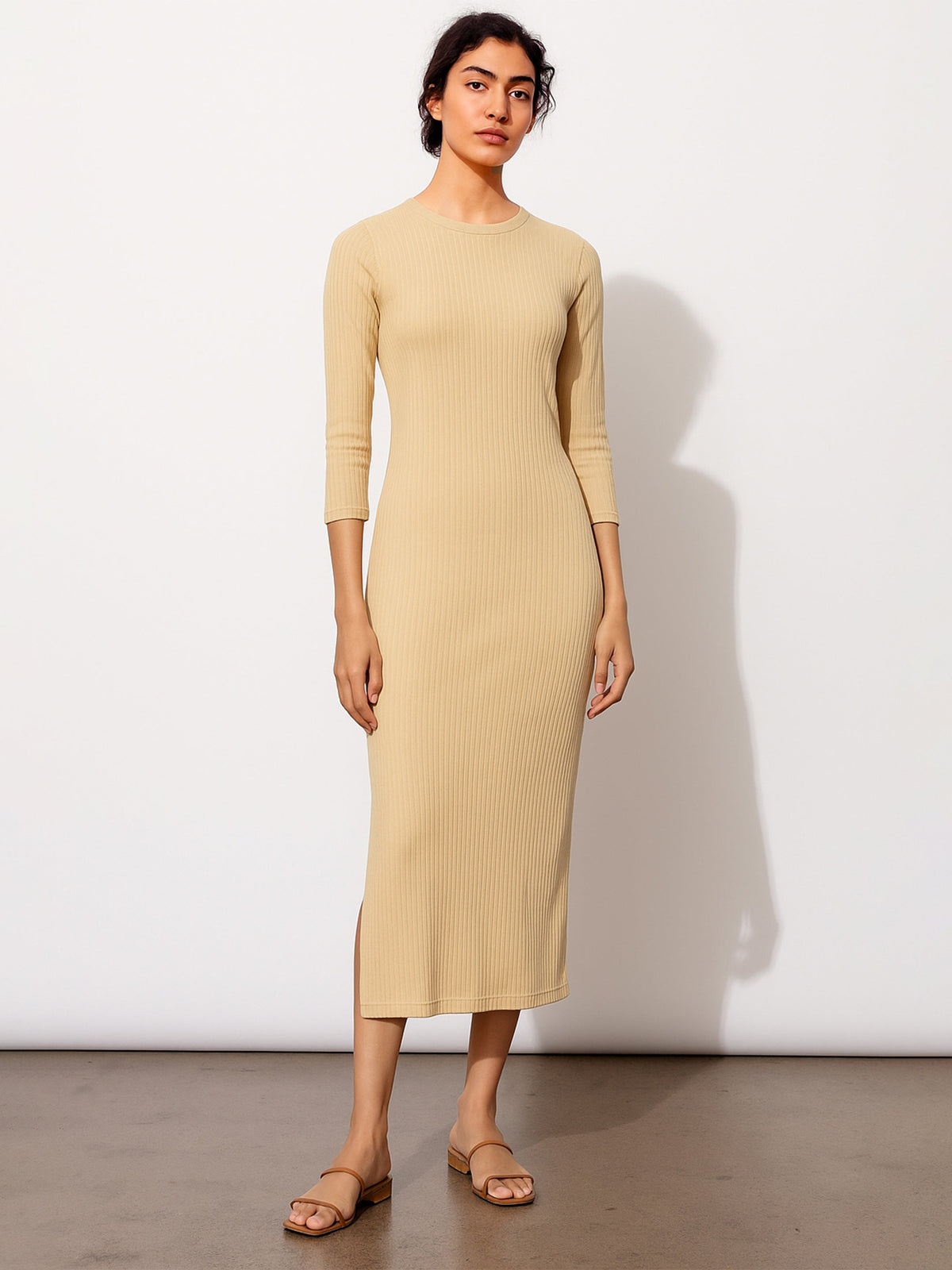 Women Beige Rib Mock Round Neck Midi Dress-BADRSS12619