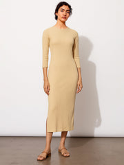 Women Beige Rib Mock Round Neck Midi Dress-BADRSS12619