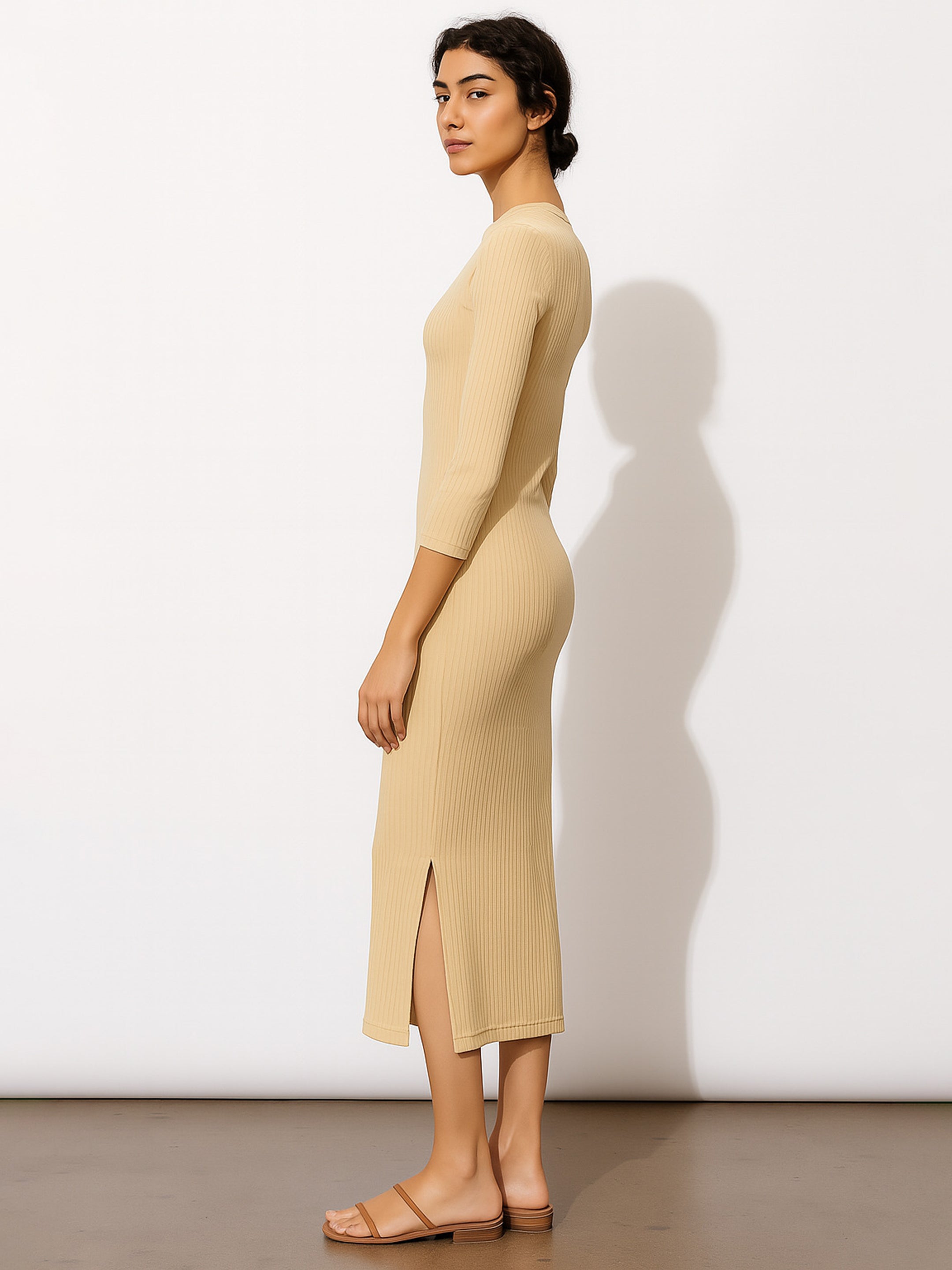Women Beige Rib Mock Round Neck Midi Dress-BADRSS12619