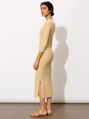 Women Beige Rib Mock Round Neck Midi Dress-BADRSS12619