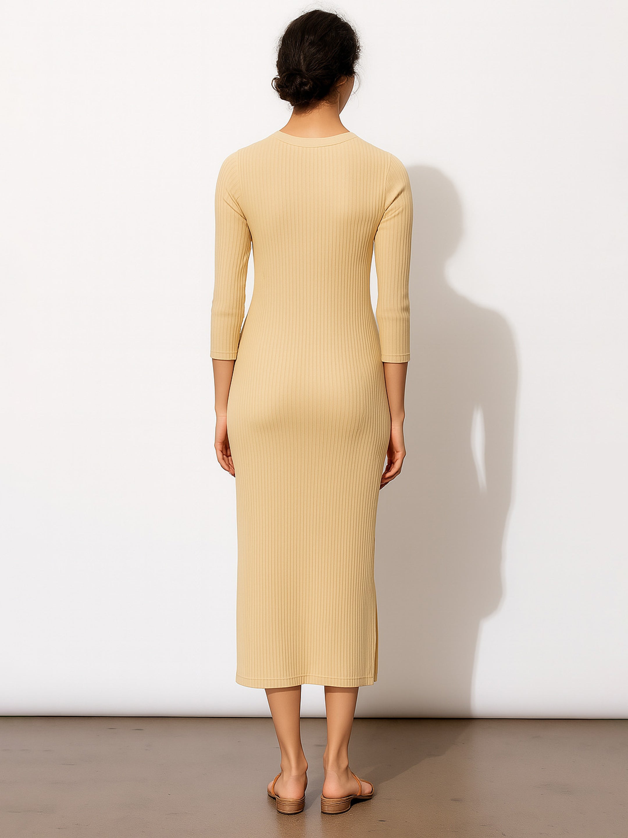 Women Beige Rib Mock Round Neck Midi Dress-BADRSS12619