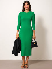 Women Green Rib Mock Round Neck Midi Dress-BADRSS12620