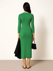 Women Green Rib Mock Round Neck Midi Dress-BADRSS12620