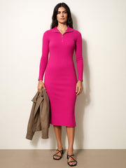 Women Fuchsia Rib High Neck Front Half Zipper Dress-BADRSS12621