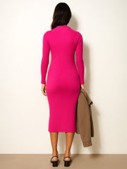 Women Fuchsia Rib High Neck Front Half Zipper Dress-BADRSS12621