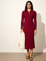 Women Maroon Rib High Neck Front Half Zipper Dress-BADRSS12622