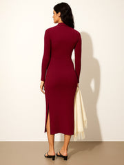Women Maroon Rib High Neck Front Half Zipper Dress-BADRSS12622