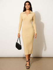 Women Beige Rib Polo Neck Bodycon Midi Dress-BADRSS12625