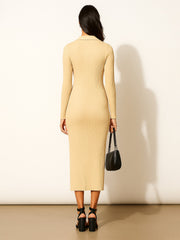 Women Beige Rib Polo Neck Bodycon Midi Dress-BADRSS12625
