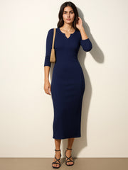 Women Navy Rib Deep V-Neck Ankle Midi Dress-BADRSS12628