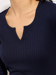 Women Navy Rib Deep V-Neck Ankle Midi Dress-BADRSS12628