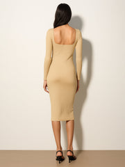 Women Beige Rib Square Neck FS Midi Dress-BADRSS12631