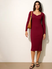 Women Maroon Rib Sweetheart Neck Knee Dress-BADRSS12633
