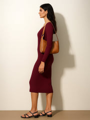 Women Maroon Rib Sweetheart Neck Knee Dress-BADRSS12633