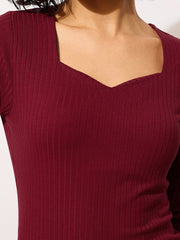 Women Maroon Rib Sweetheart Neck Knee Dress-BADRSS12633