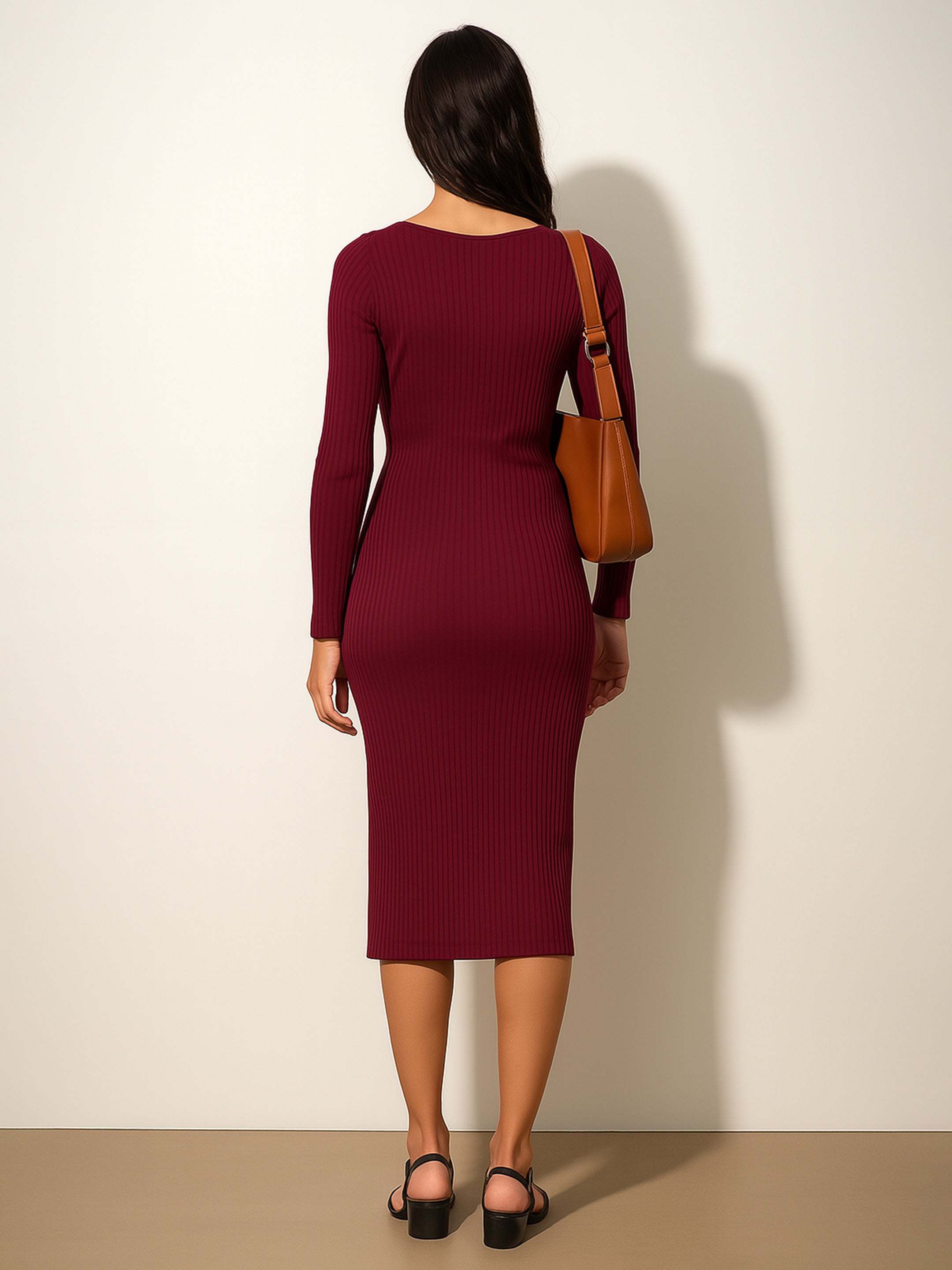 Women Maroon Rib Sweetheart Neck Knee Dress-BADRSS12633