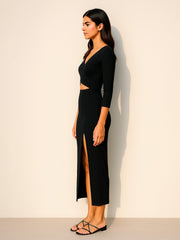 Women Black Rib Side Slit Wrap Neck Cut-Out Midi Dress-BADRSS12635