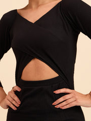 Women Black Rib Side Slit Wrap Neck Cut-Out Midi Dress-BADRSS12635