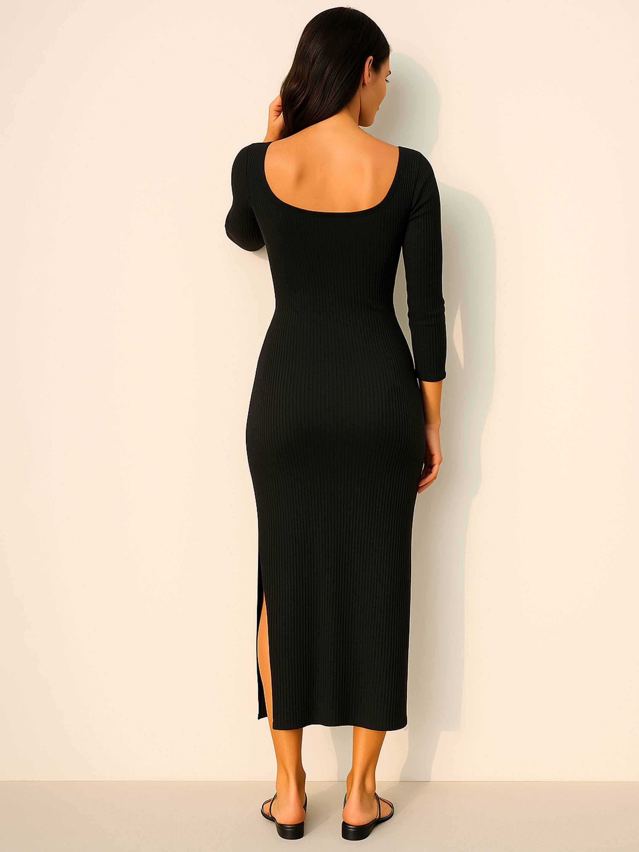 Women Black Rib Side Slit Wrap Neck Cut-Out Midi Dress-BADRSS12635