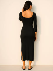 Women Black Rib Side Slit Wrap Neck Cut-Out Midi Dress-BADRSS12635