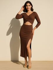 Women Brown Rib Side Slit Wrap Neck Cut-Out Midi Dress-BADRSS12636