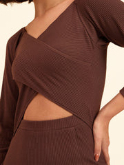 Women Brown Rib Side Slit Wrap Neck Cut-Out Midi Dress-BADRSS12636