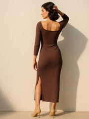 Women Brown Rib Side Slit Wrap Neck Cut-Out Midi Dress-BADRSS12636