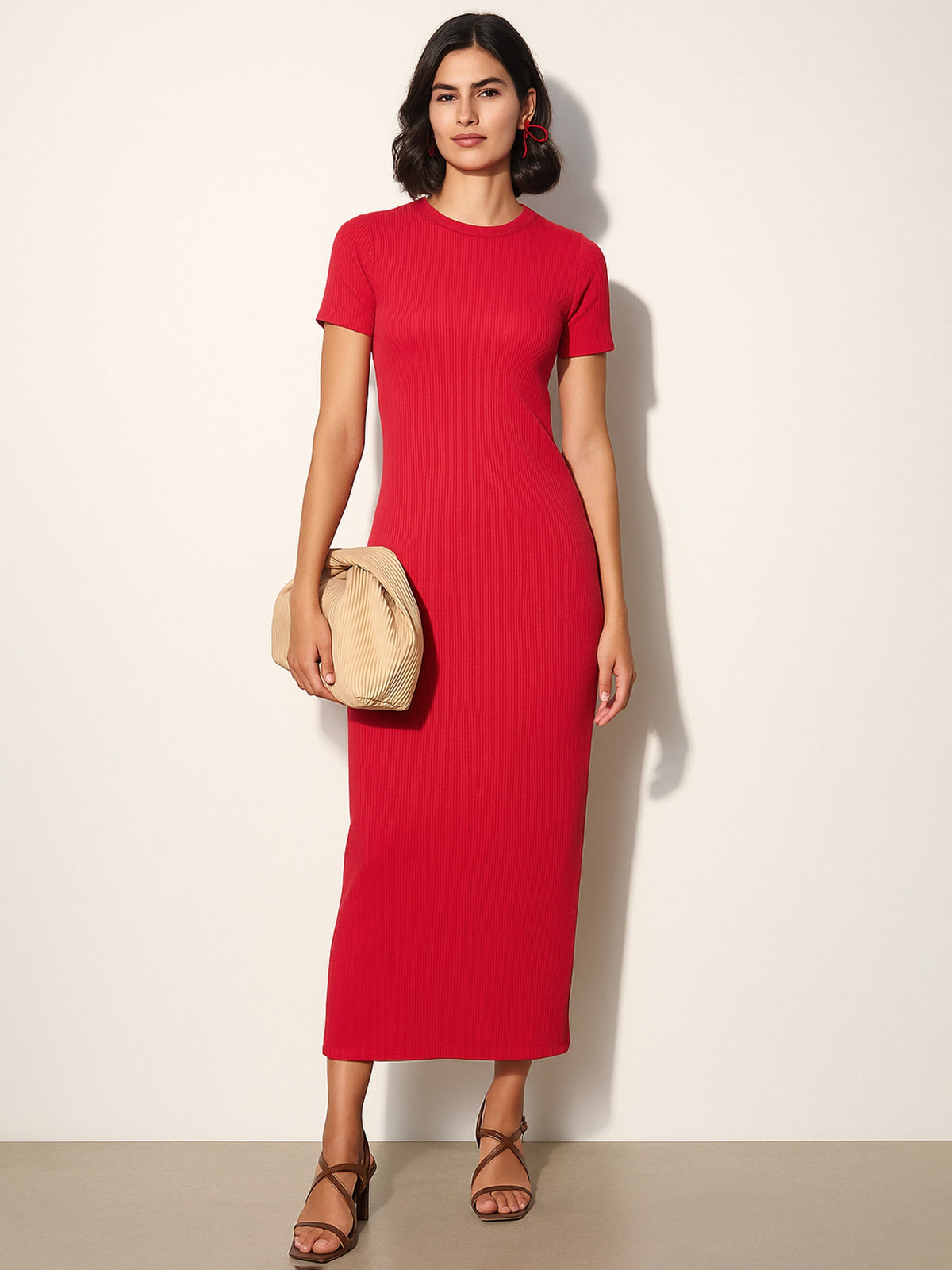 Women Red Rib Bodycon Back Slit Maxi Dress-BADRSS12637