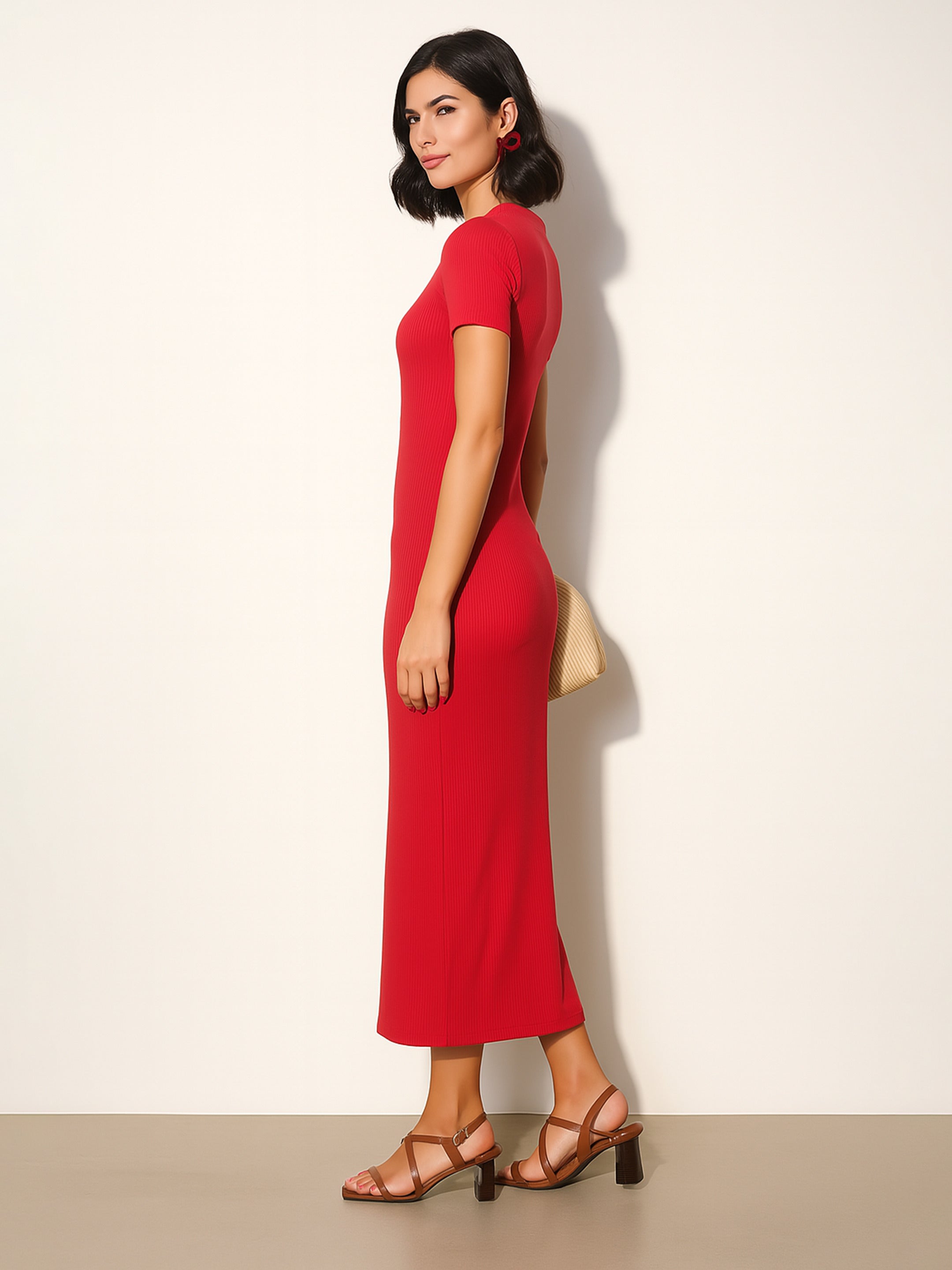 Women Red Rib Bodycon Back Slit Maxi Dress-BADRSS12637
