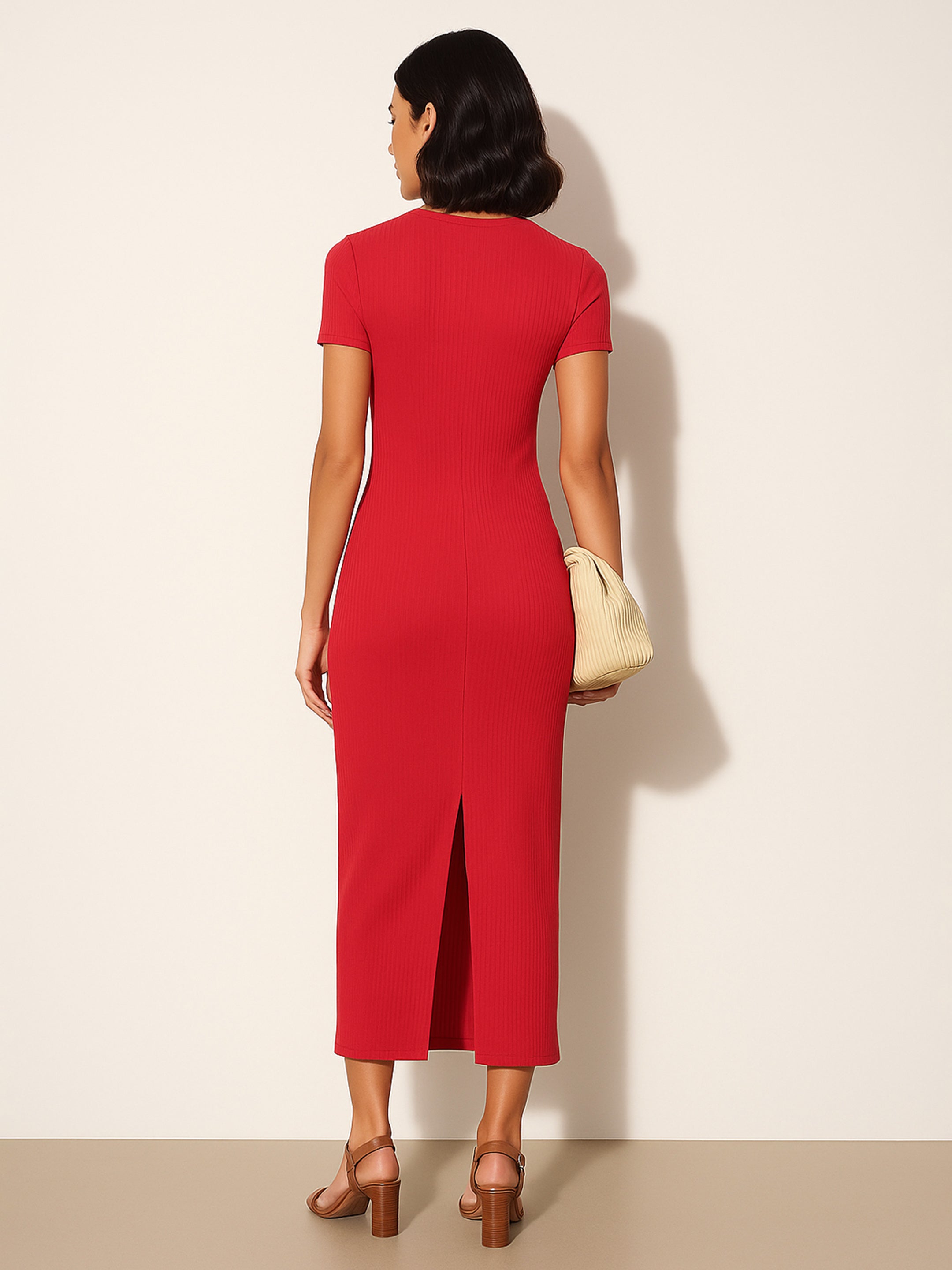 Women Red Rib Bodycon Back Slit Maxi Dress-BADRSS12637