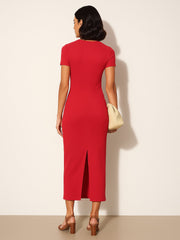 Women Red Rib Bodycon Back Slit Maxi Dress-BADRSS12637