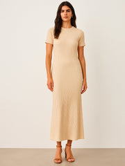 Women Beige Rib Bodycon Back Slit Maxi Dress-BADRSS12638