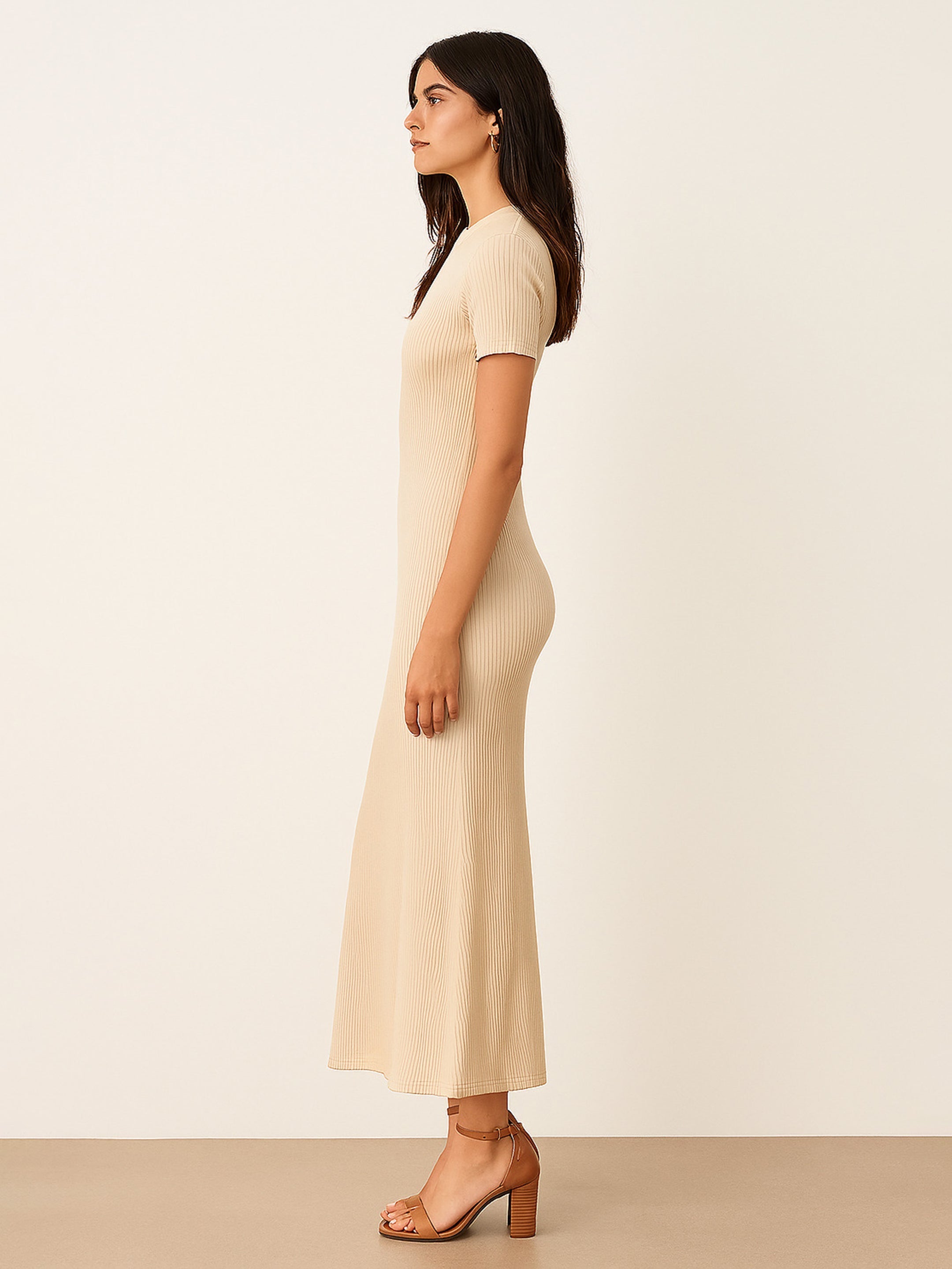 Women Beige Rib Bodycon Back Slit Maxi Dress-BADRSS12638