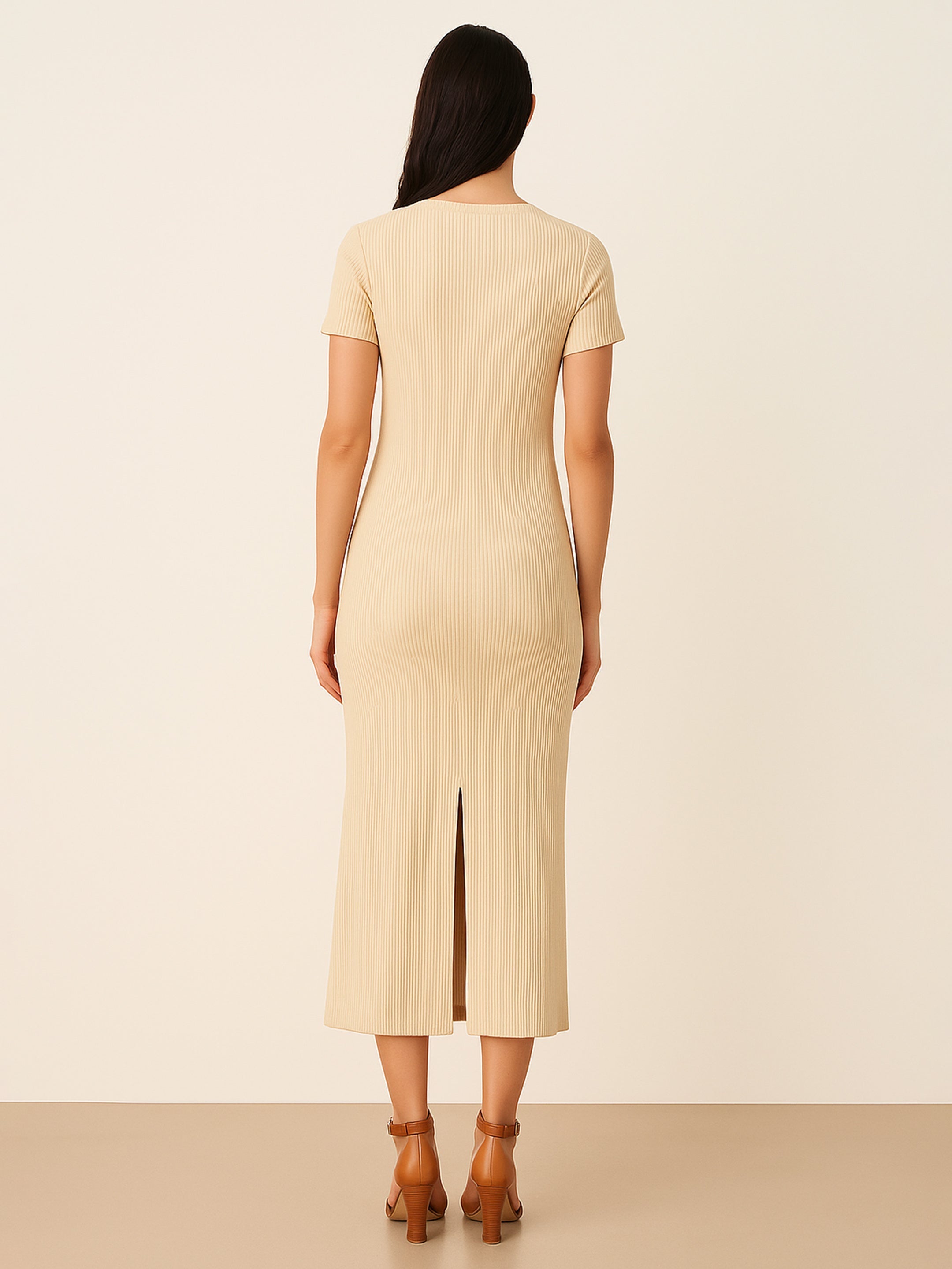 Women Beige Rib Bodycon Back Slit Maxi Dress-BADRSS12638
