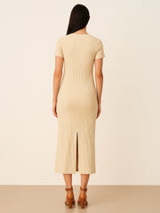 Women Beige Rib Bodycon Back Slit Maxi Dress-BADRSS12638